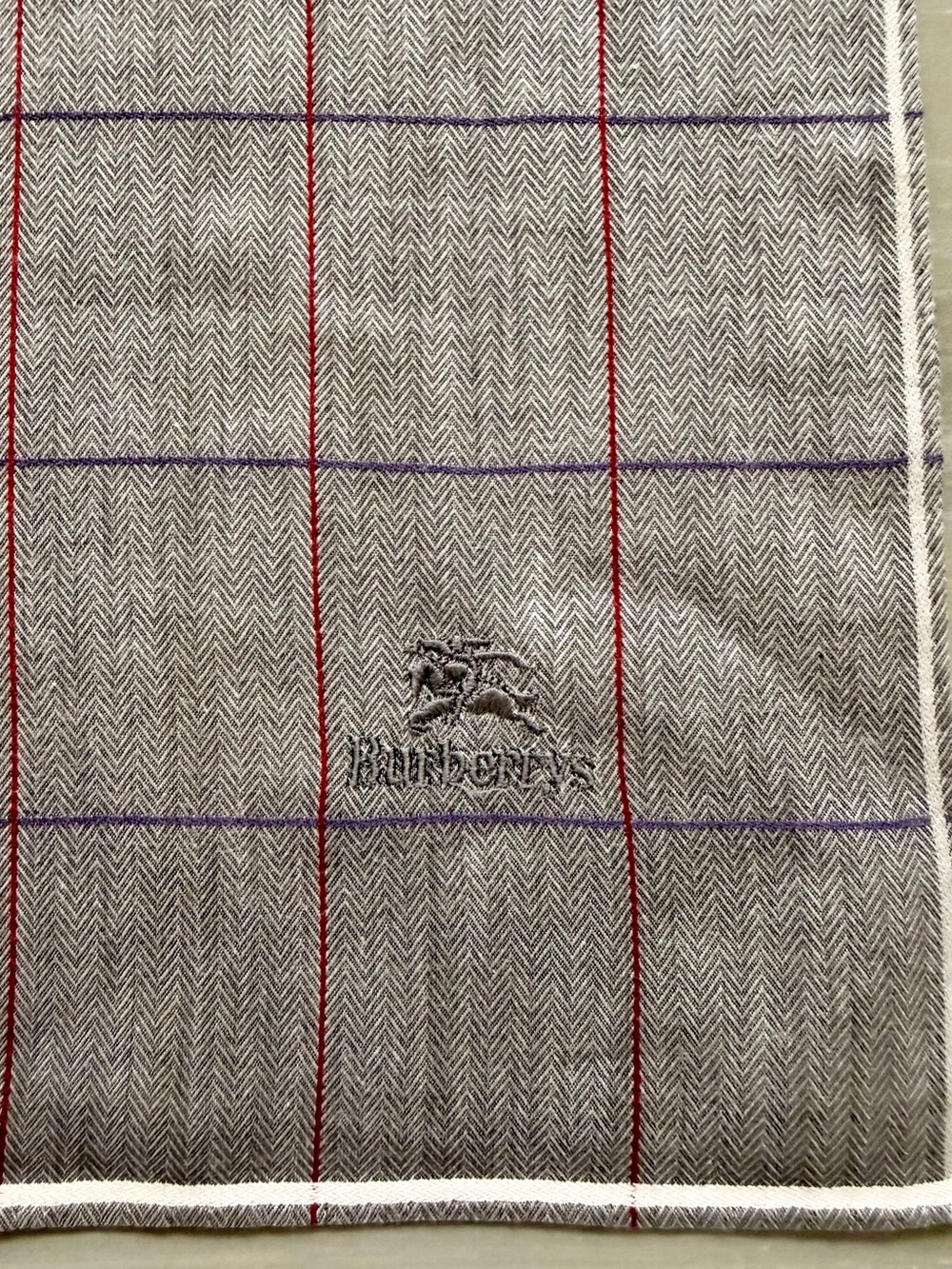 Burberry’s Grey Windowpane Herringbone Pocket Square with Red Purple & Blue Line - Picture 5 of 13